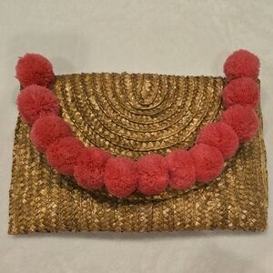 Woven Clutch with Pink Pom Poms
